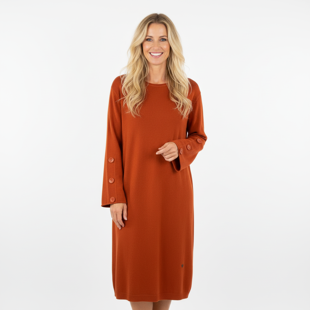 VESTIDO MAGLIFICIO ALFA LARANJA MANGA CUMPRIDA APLICAÇÕES BOTÕES NA MANGA