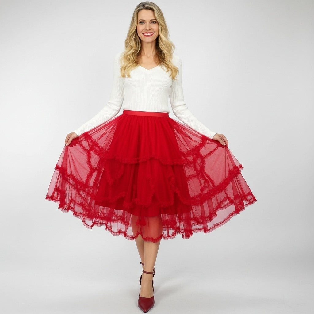 SAIA MIDI FREE SPIRIT VERMELHO SAIA DE ORGANZA CAMADAS E DETALHES NA BARRA