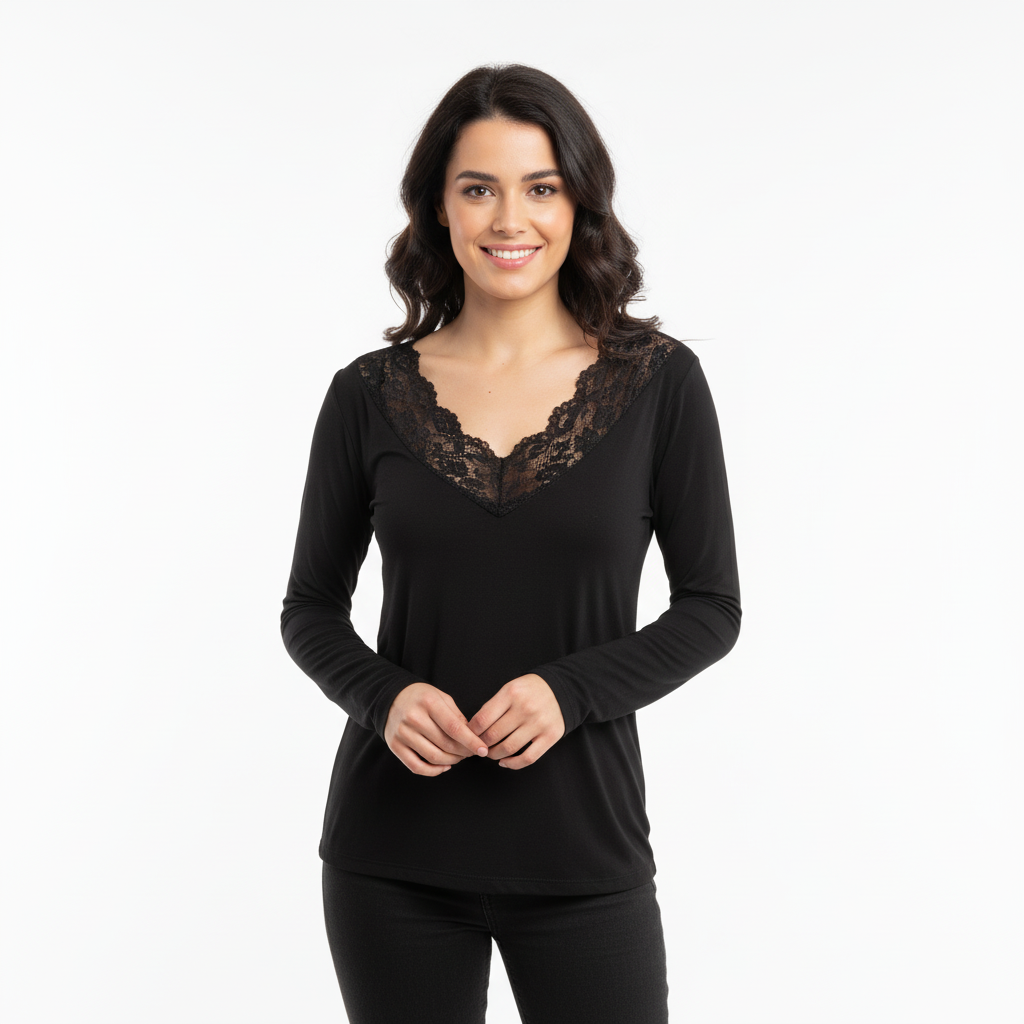 CAMISOLA VINCEOTTO PRETO DECOTE EM BICO RENDA MANGA CUMPRIDA