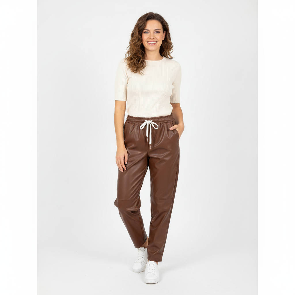 CALÇA RETA CAMILLE FRANCE CASTANHO ECO PELE CINTURA ELÁSTICO REGULADOR