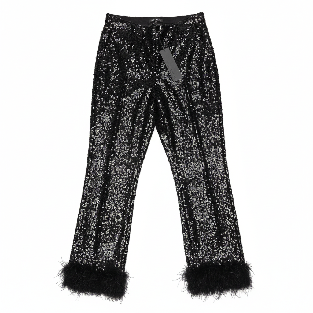 CALÇA RETA ELLI WHITE PRETO LANTEJOULAS BARRA COM PELOS