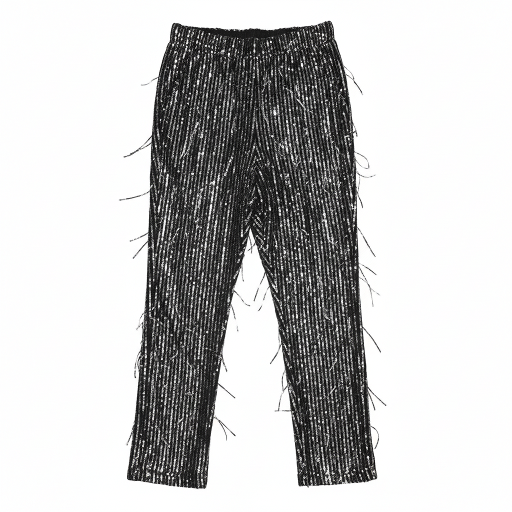 CALÇA RETA ELLI WHITE PRETO LANTEJOULAS FITAS DE BRILHO