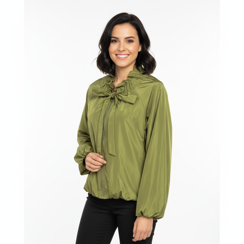 CASACO CAMILLE FRANCE VERDE IMPERMEAVEL LAÇO AMARRAÇÃO ZIPER PRATA BOLSOS