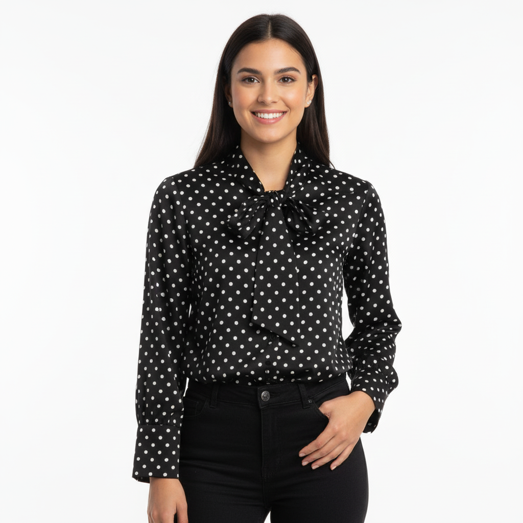 CAMISA CAMILLE FRANCE PRETO E BRANCO PADRÃO BOLAS GOLA LAÇO AMARRAÇÃO BOTÕES