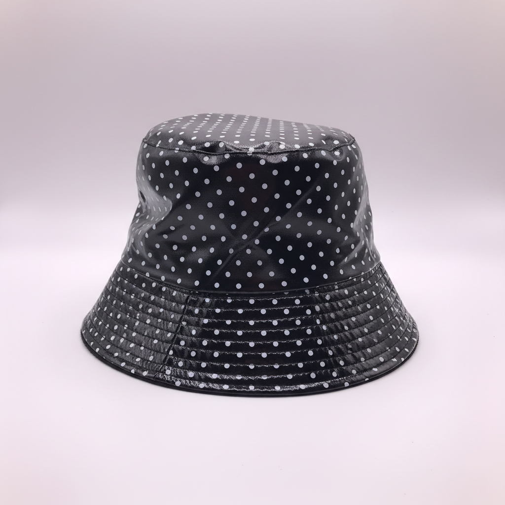 CHAPÉU NEW COLLECTION CHUVA REVERSÍVEL PRETO PADRÃO BOLAS BRANCAS INTERNO CAMURÇA PRETO