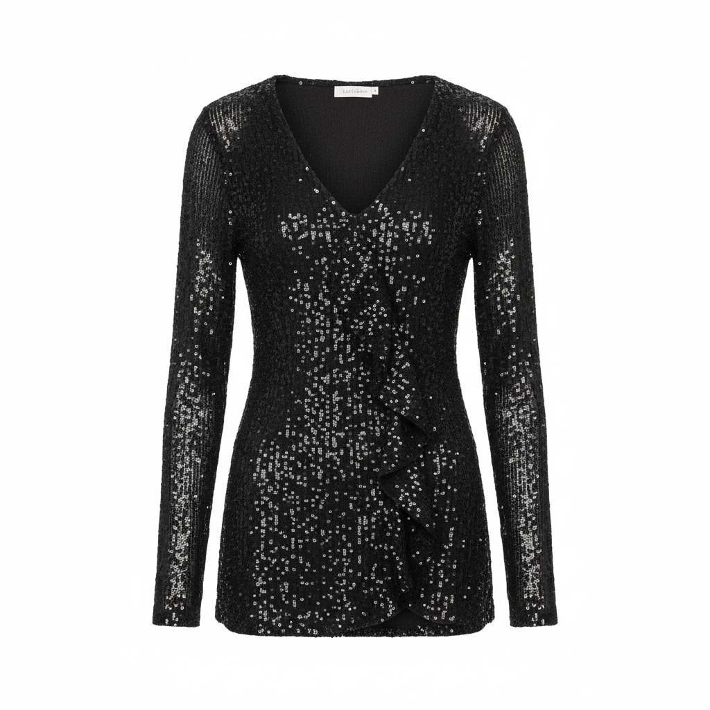 VESTIDO LINK FASHION PRETO FESTA MANGA CUMPRIDA BRILHO BABADO FRONTAL LANTEJOULAS