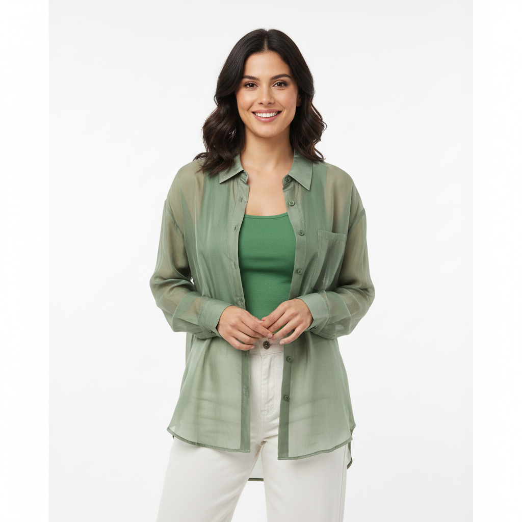 CAMISA VINCEOTTO VERDE TRANSPARENTE BOLSO FRONTAL MANGA LONGA