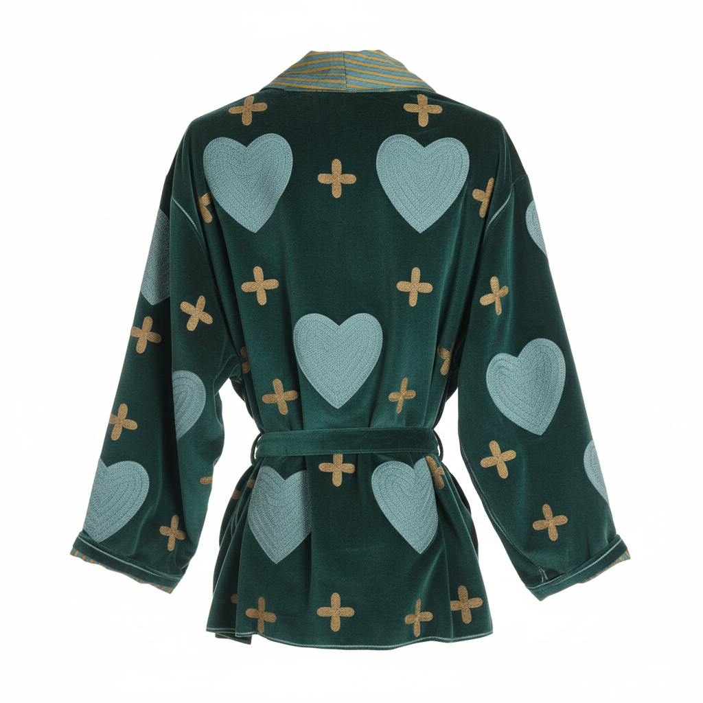 CASACO REVERSÍVEL SUMITRA VERDE ÁGUA CORAÇÕES VELUDO CINTO AMARRAÇÃO ZIPER PRATA BOLSOS FRONTAL