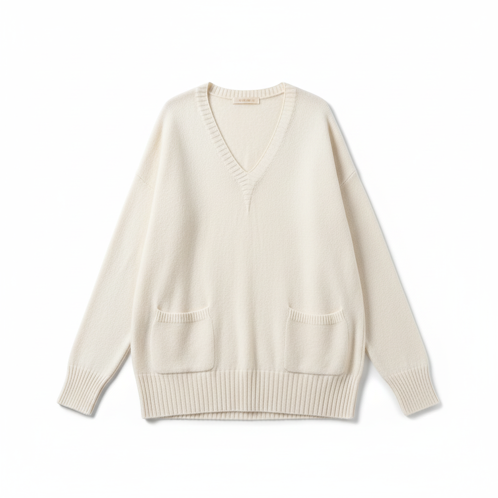 CAMISOLA CREME PUNHO BARRA CANELADO BOLSO DUPLO FRONTAL DECOTE EM BICO