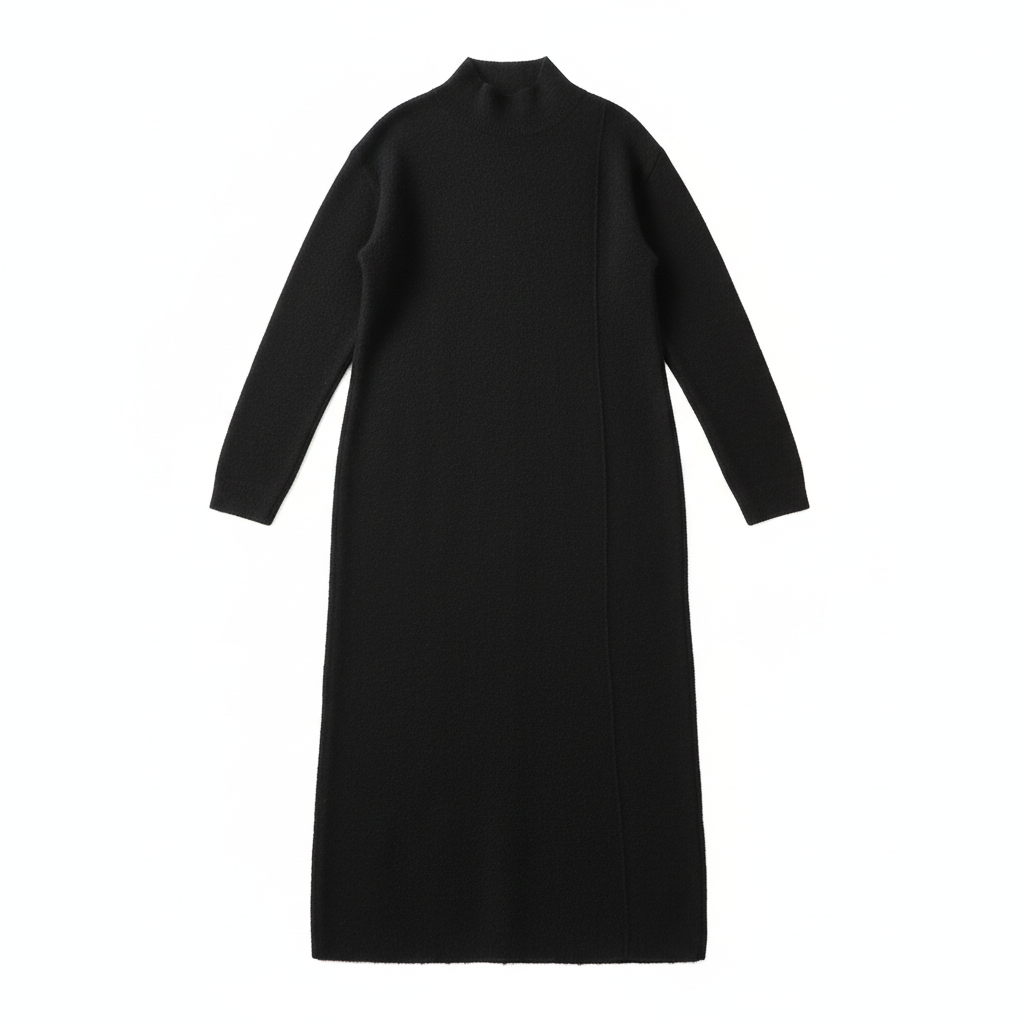 VESTIDO MODALAND PRETO MANGA CUMPRIDA TECIDO CANELADO GOLA ALTA CACHARREL