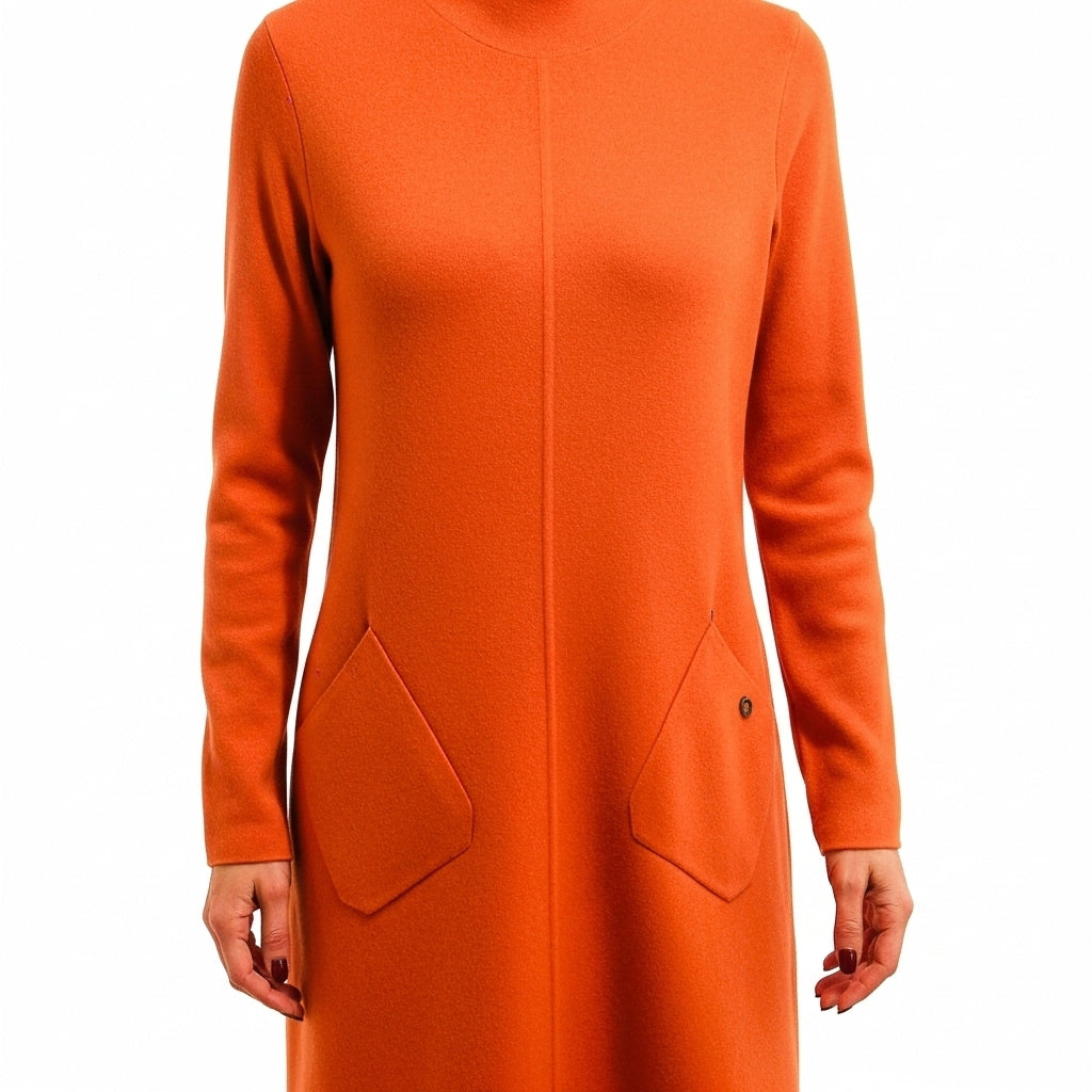 VESTIDO MAGLIFICIO ALFA LARANJA MANGA CUMPRIDA BOLSO FRONTAL CACHARREL GOLA ALTA