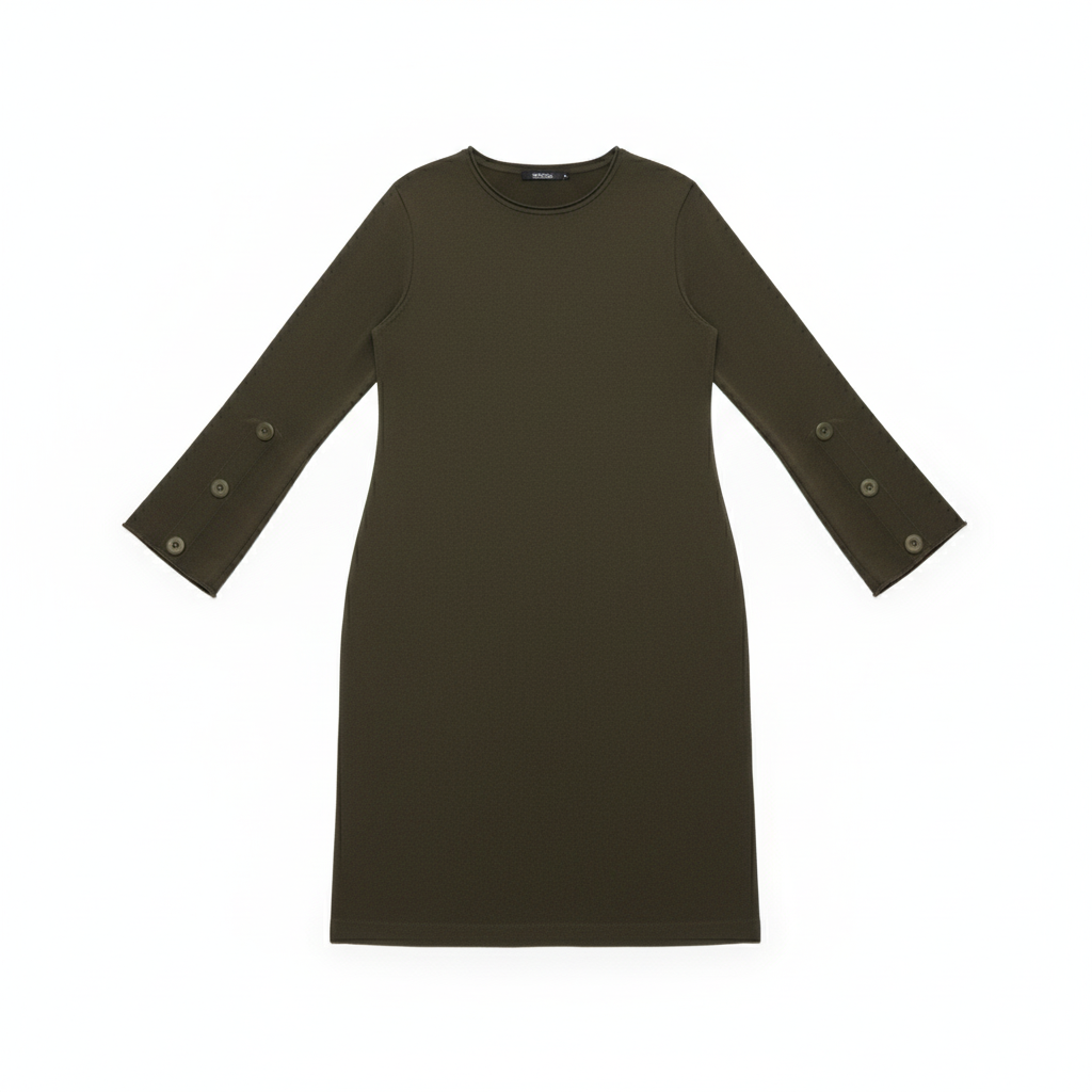 VESTIDO MAGLIFICIO ALFA CASTANHO ESCURO MANGA CUMPRIDA APLICAÇÕES BOTÕES NA MANGA