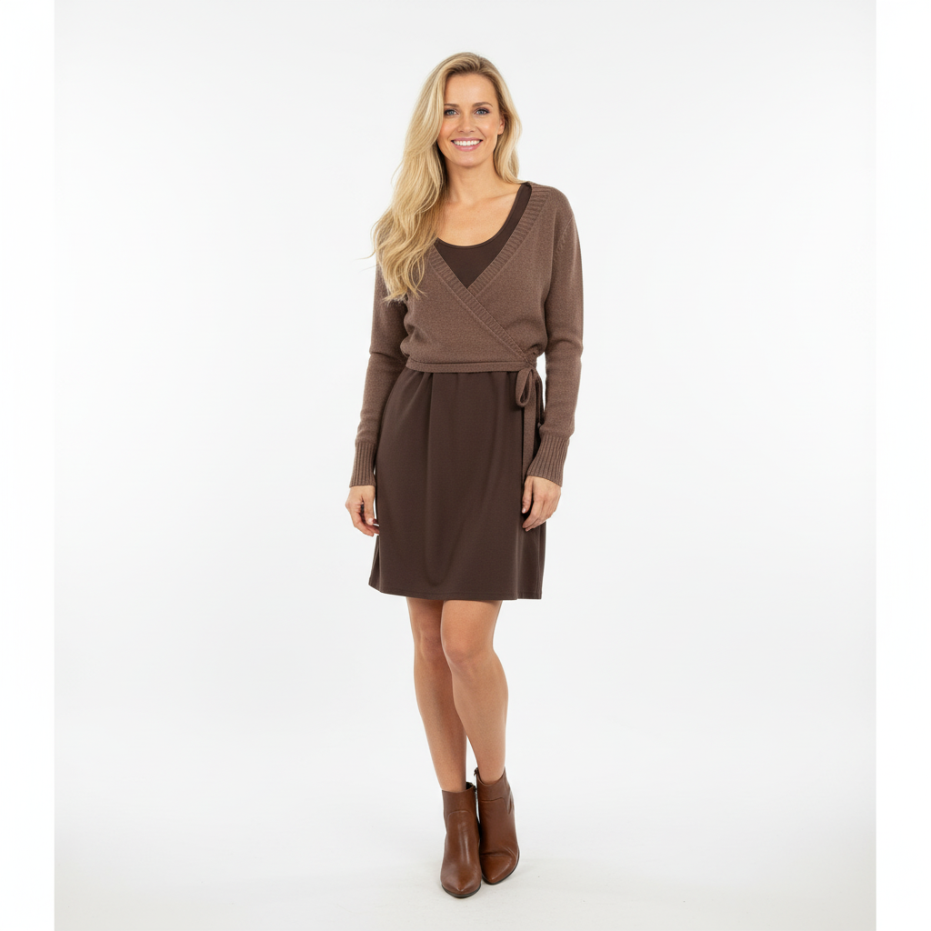 CONJUNTO LOIS & PEPE CASTANHO VESTIDO TOP CASAQUINHO AMARRAÇÃO FRONTAL