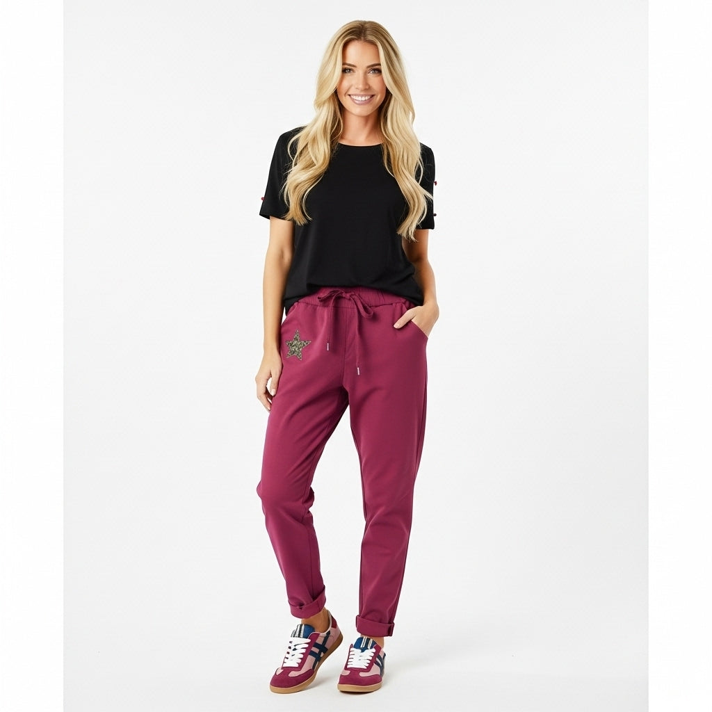 CALÇA SKINNY CARLA GIANNINI BORDO ESTRELA PRATA BRILHO TECIDO REGULADOR BOLSOS