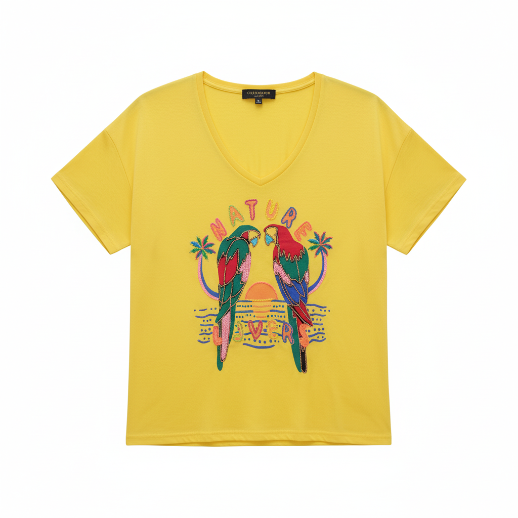CAMISOLA AMARELO VERDE VERMELHO AZUL ROXO LARANJA DECOTE EM BICO MANGA CURTA BORDADO MIÇANGAS IBIZA CASAL DE PÁSSAROS PAPAGAIOS NATURE LOVERS
