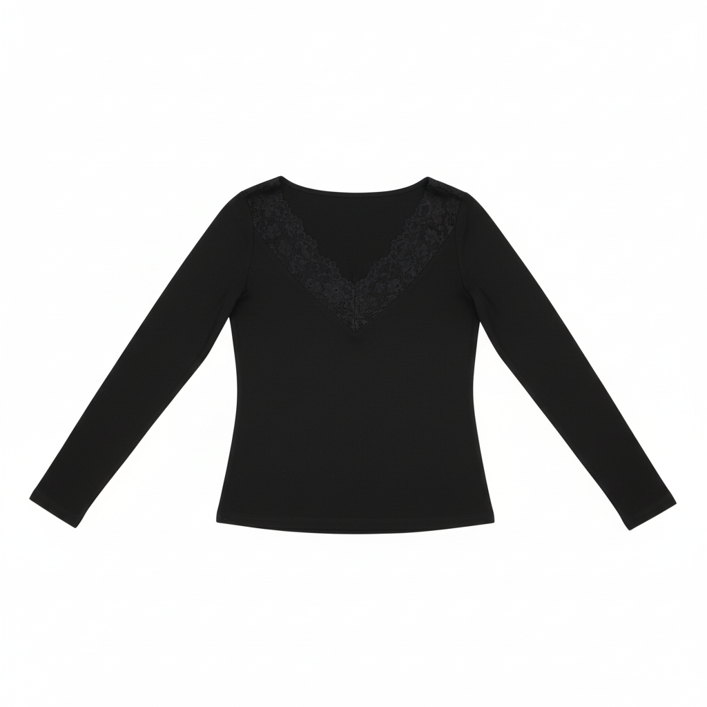 CAMISOLA VINCEOTTO PRETO DECOTE EM BICO RENDA MANGA CUMPRIDA