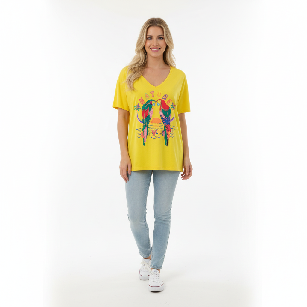 CAMISOLA AMARELO VERDE VERMELHO AZUL ROXO LARANJA DECOTE EM BICO MANGA CURTA BORDADO MIÇANGAS IBIZA CASAL DE PÁSSAROS PAPAGAIOS NATURE LOVERS