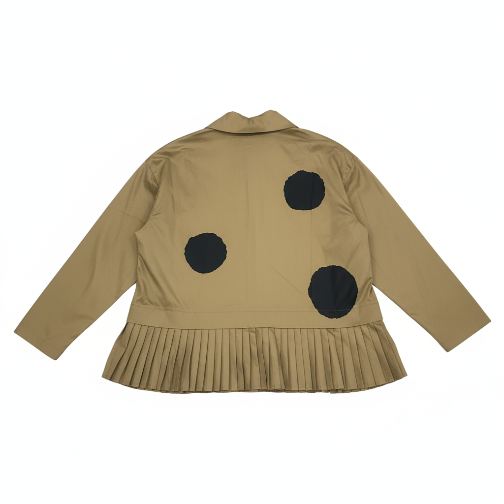 CASACO CASTANHO BABADOS DRAPEADO BOLAS PRETAS BOLSO