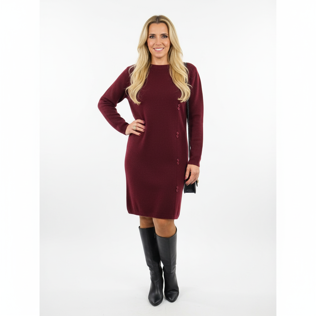 VESTIDO SINAIS VISIVEIS BORDO MANGA CUMPRIDA APLICAÇÕES BOTÕES LATERAL