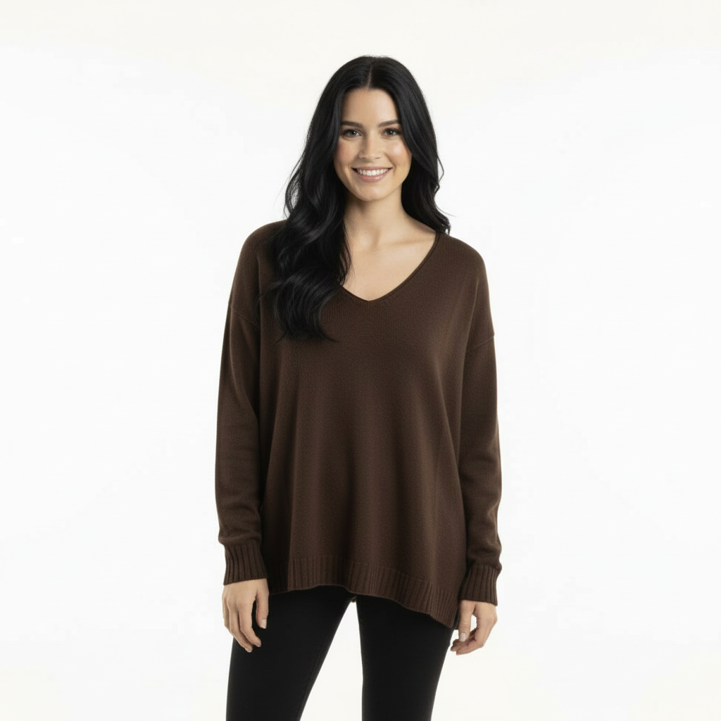 CAMISOLA 6° SHOP CASTANHO ESCURO DECOTE EM BICO MANGA CUMPRIDA CANELADA FENDA LATERAL