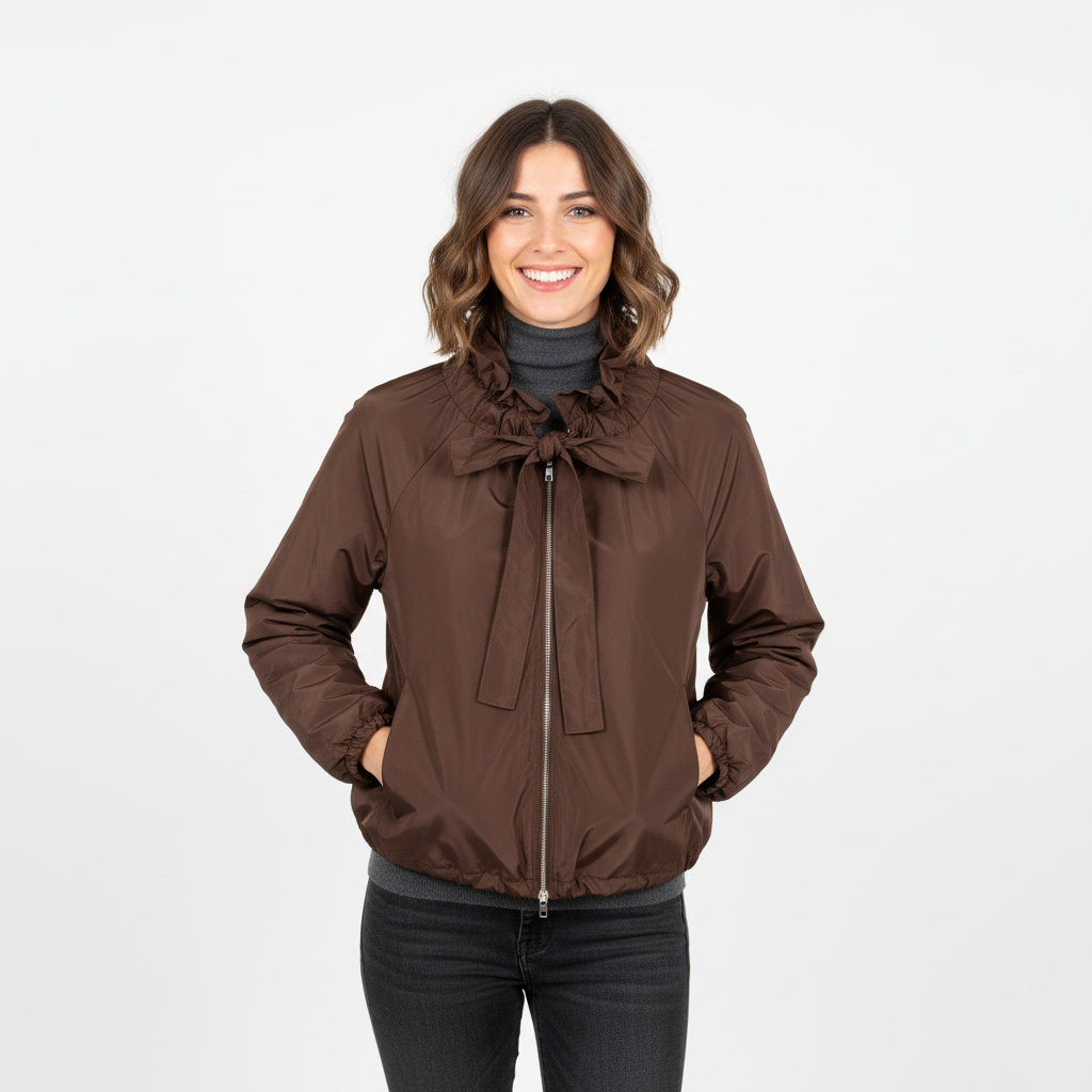 CASACO CAMILLE FRANCE CASTANHO IMPERMEAVEL LAÇO AMARRAÇÃO ZIPER PRATA BOLSO