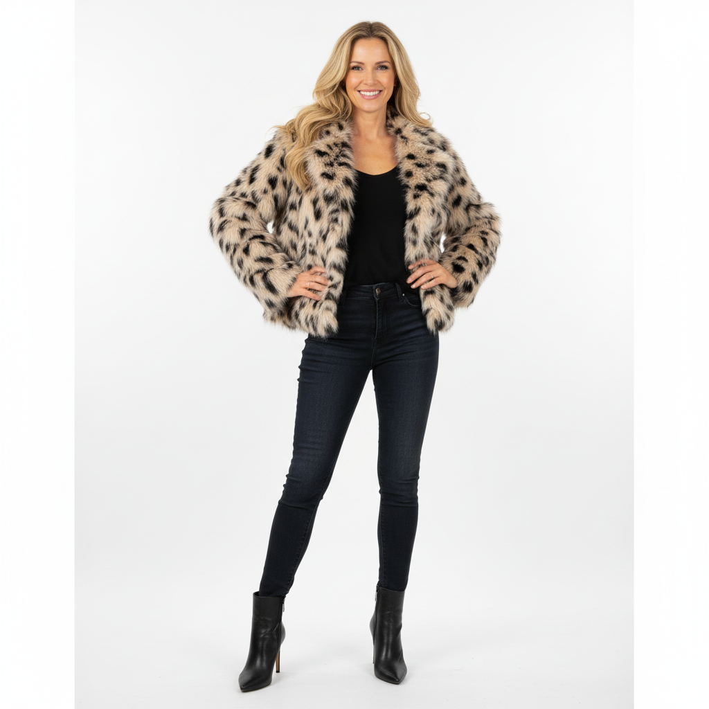 CASACO J/S MILLENIUM PELUCHE TEDDY MÉDIO CREME PRETO CASTANHO PELOS LEOPARDO