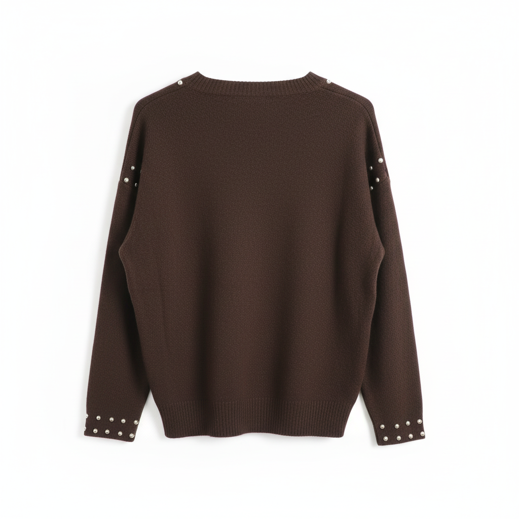 CAMISOLA AZARA CASTANHO CHOCOLATE DECOTE CANOA MANGA CUMPRIDA TAXAS BOLAS BOLSO FRONTAL