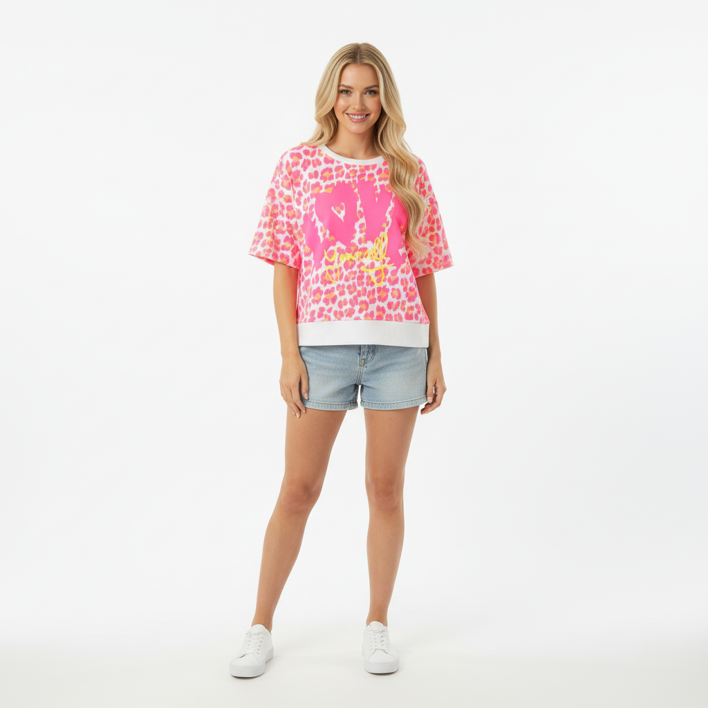 CAMISOLA CAMILLE FRANCE ROSA NEON BRANCO LEOPARDO ANIMAL PRINT DECOTE CANOA MANGA CURTA ESTAMPA LOVE YOURSELF