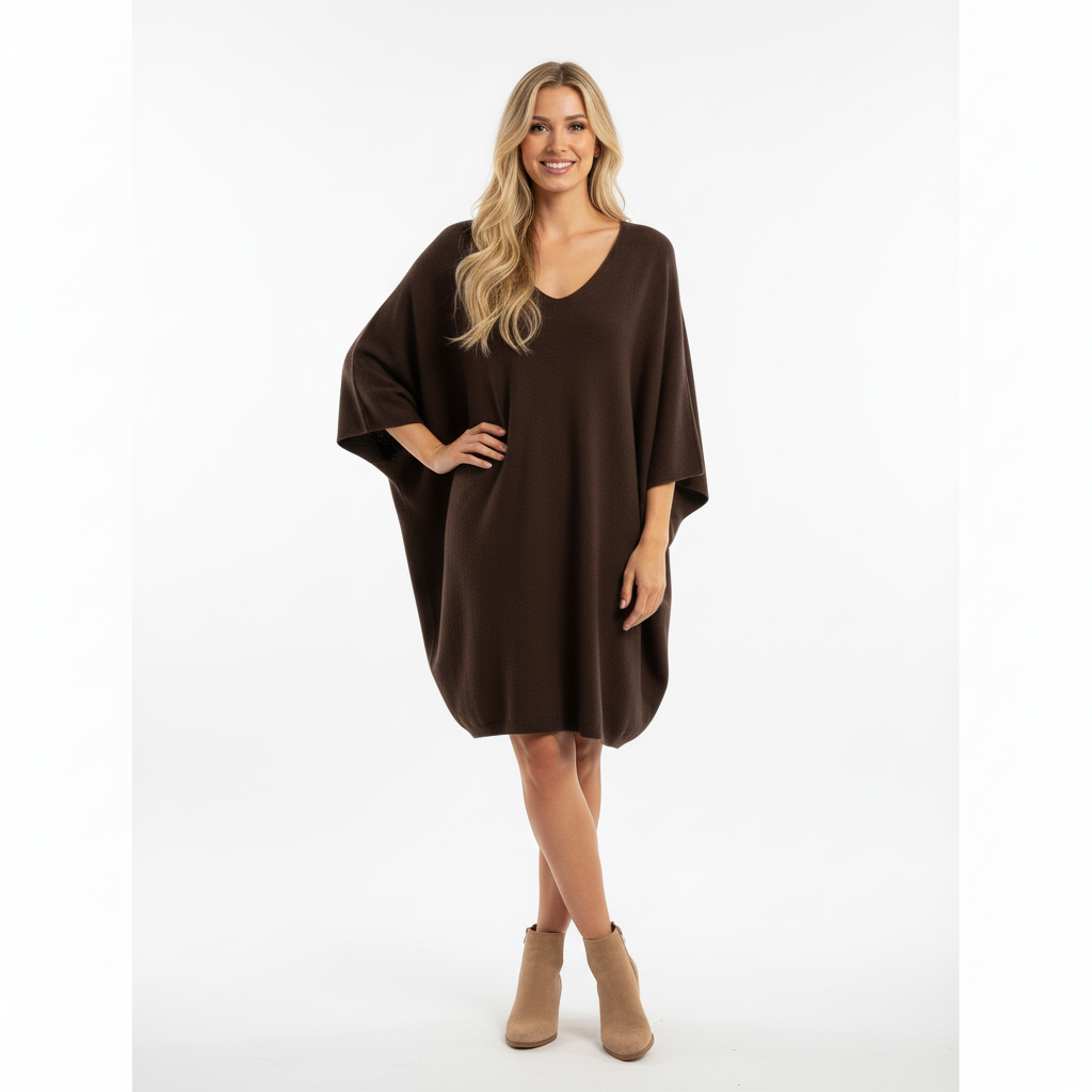 VESTIDO SINAIS VISIVEIS CASTANHO ESCURO MANGA CUMPRIDA DECOTE EM BICO