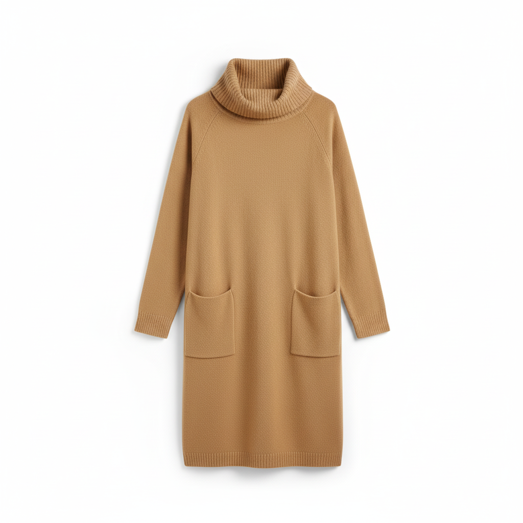 VESTIDO MAGLIFICIO ALFA CASTANHO MANGA CUMPRIDA BOLSO FRONTAL CACHARREL GOLA ALTA
