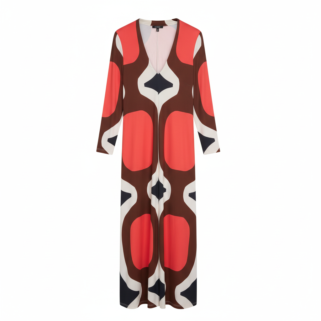 VESTIDO CAMILLE FRANCE VERMELHO PRETO CASTANHO ESCURO BRANCO FENDA FRONTAL MANGA 3/4 PADRÃO CIRCULOS LONGO