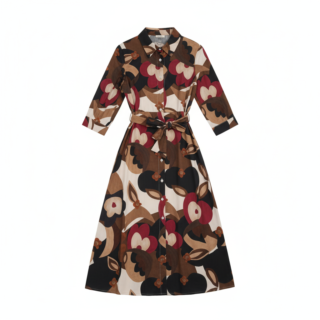VESTIDO CAMILLE FRANCE VERMELHO PRETO CASTANHO ESCURO BRANCO BOTÕES CINTO PADRÃO FLORES LONGO