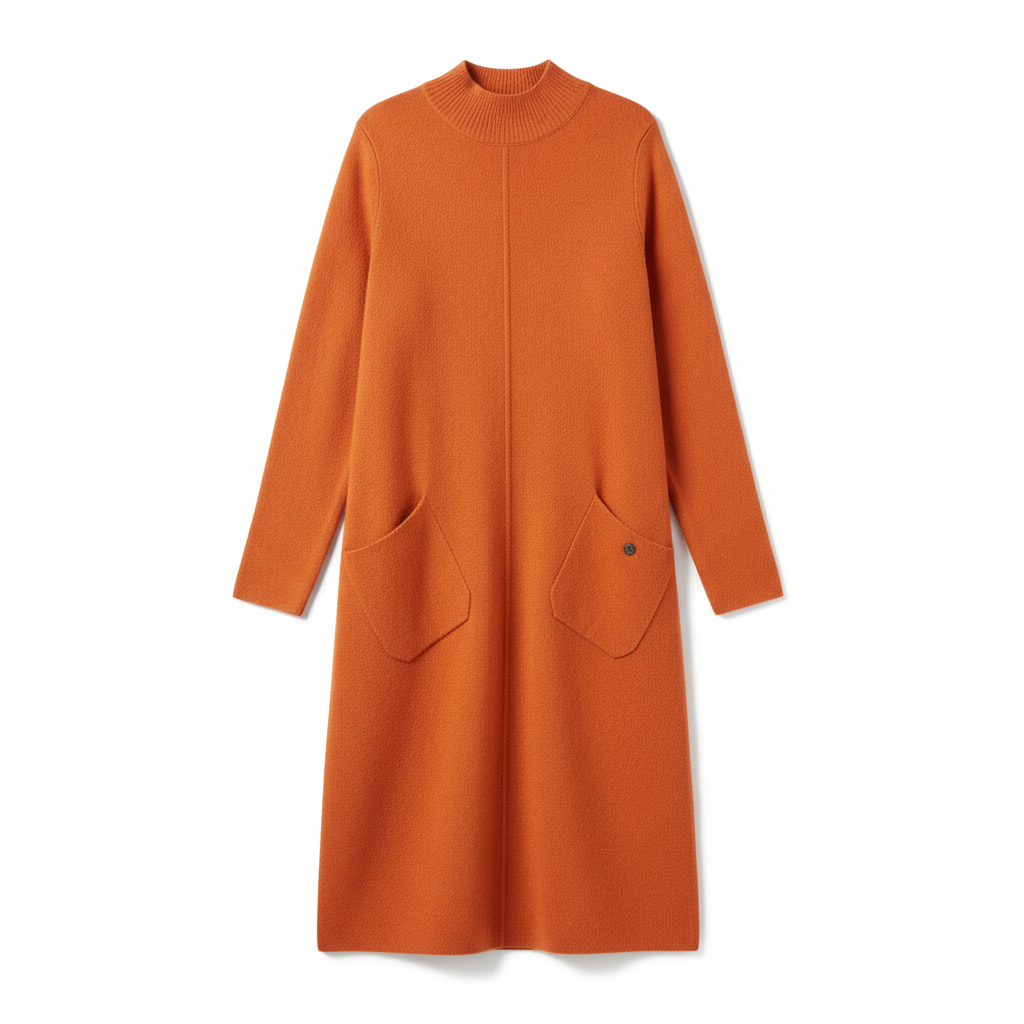 VESTIDO MAGLIFICIO ALFA LARANJA MANGA CUMPRIDA BOLSO FRONTAL CACHARREL GOLA ALTA