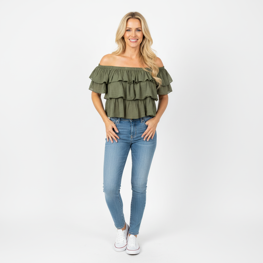 TOP CAMILLE FRANCE VERDE MILITAR CIGANINHA BABADO