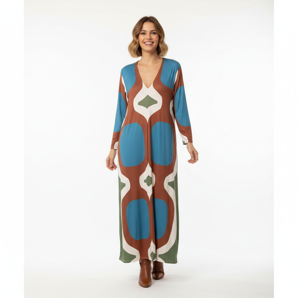 VESTIDO CAMILLE FRANCE AZUL CASTANHO VERDE BRANCO FENDA FRONTAL MANGA CUMPRIDA PADRÃO CIRCULOS LONGO