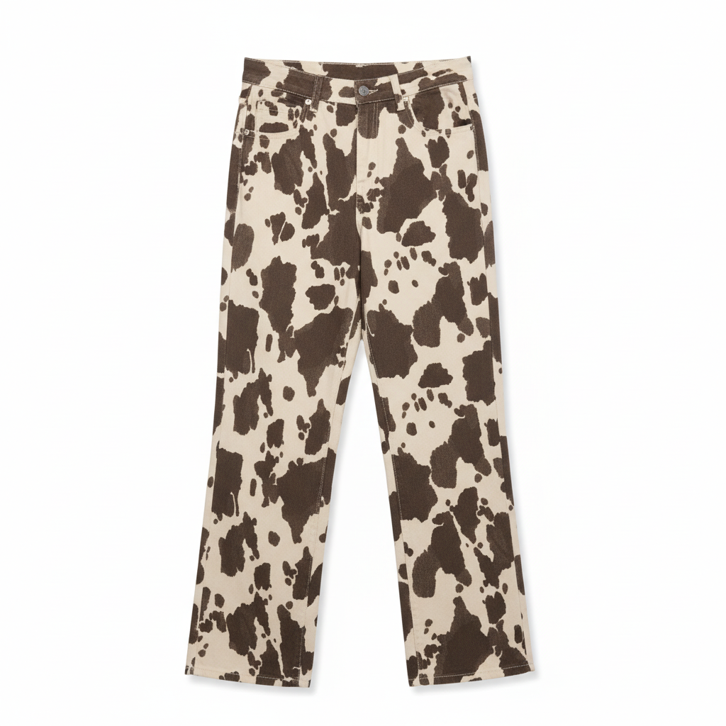 CALÇA RETA Y•TWO WOMAN VACA COW CASTANHO ESCURO E BEGE BOLSOS ZIPER