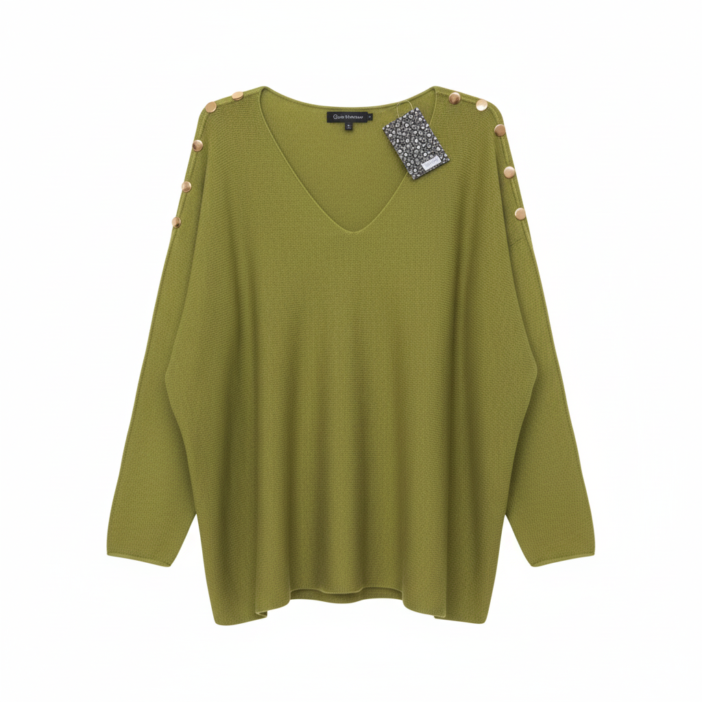CAMISOLA CAMILLE FRANCE VERDE DECOTE EM BICO CAMISA DE MANGA CUMPRIDA APLIQUES DE BOTÕES DOURADOS