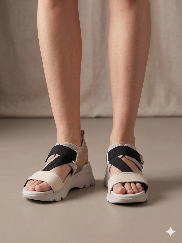 Sandálias Hispanitas Mulher Bege e Preto; Sandálias de Plataforma Estilo Desportivo em Pele; Tiras Elásticas Cruzadas com Velcro e Conforto Extra