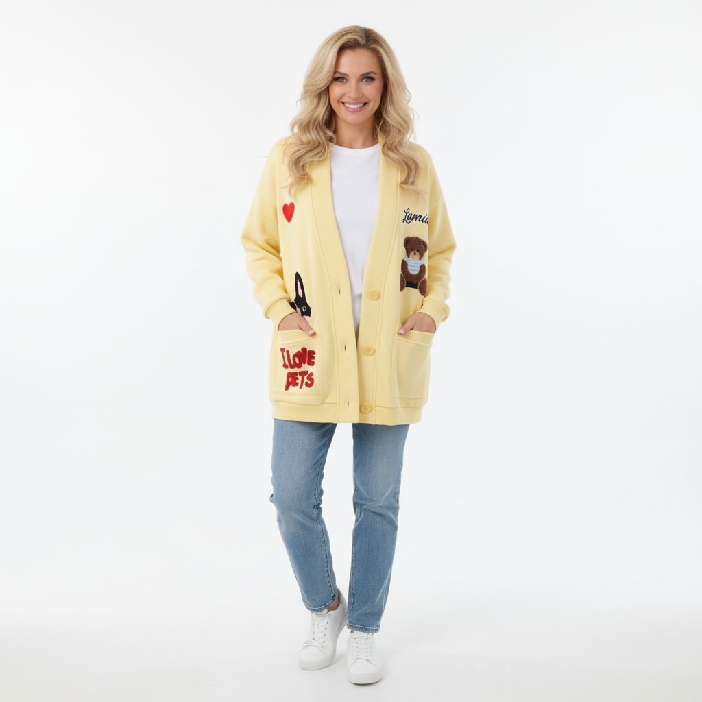 CASACO LUMINA AMARELO  MOLETON BORDADO LÃ LOGO URSO CACHORRO CORAÇÃO I LOVE PETS BOLSO FRONTAL