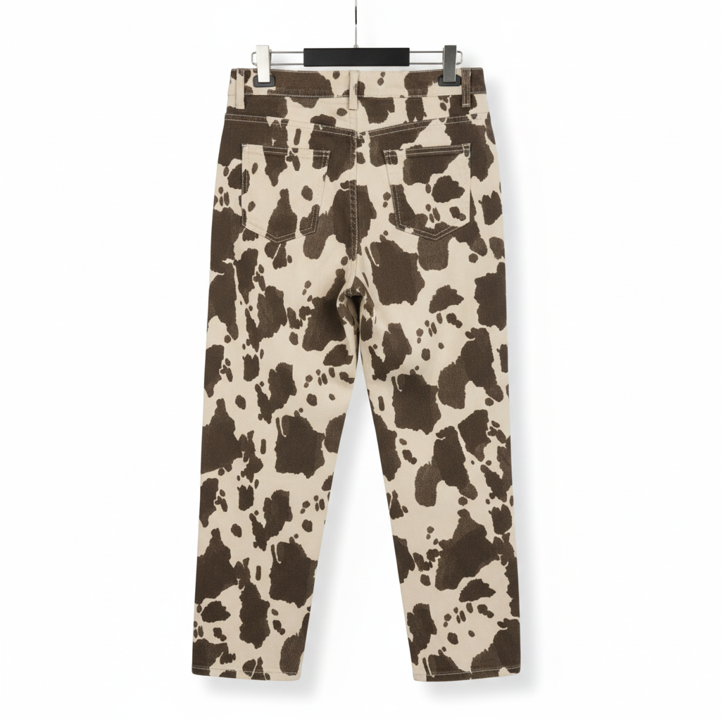 CALÇA RETA Y•TWO WOMAN VACA COW CASTANHO ESCURO E BEGE BOLSOS ZIPER