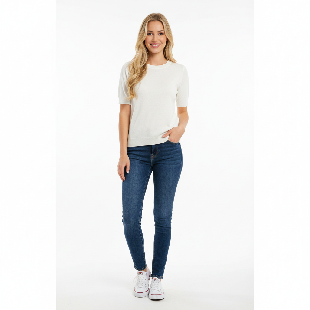CAMISOLA VICBEE BRANCO MANGA CURTA GOLA BARRA CANELADA