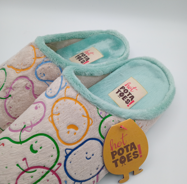 PANTUFAS HOT POTATOES BEGE SOLA GROSSA BORRACHA BATATAS COLORIDAS VERDE VERMELHO LILÁS AMARELO AZUL