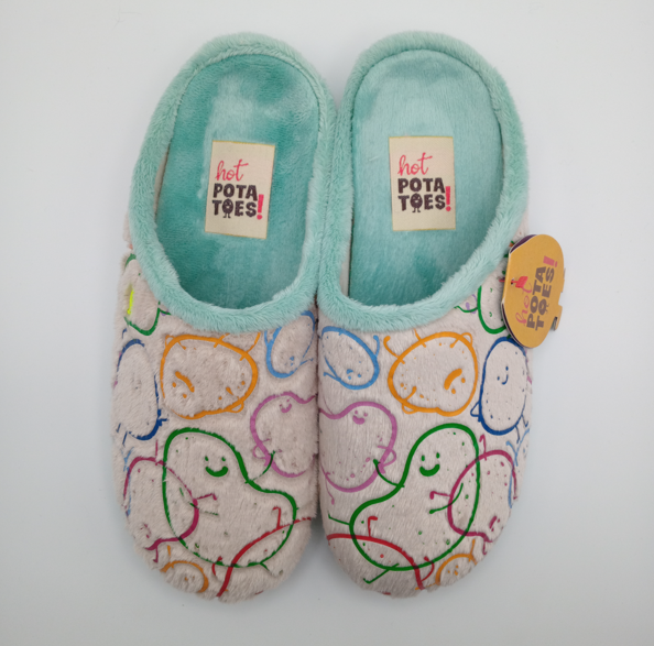 PANTUFAS HOT POTATOES BEGE SOLA GROSSA BORRACHA BATATAS COLORIDAS VERDE VERMELHO LILÁS AMARELO AZUL