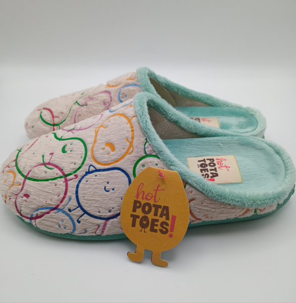 PANTUFAS HOT POTATOES BEGE SOLA GROSSA BORRACHA BATATAS COLORIDAS VERDE VERMELHO LILÁS AMARELO AZUL