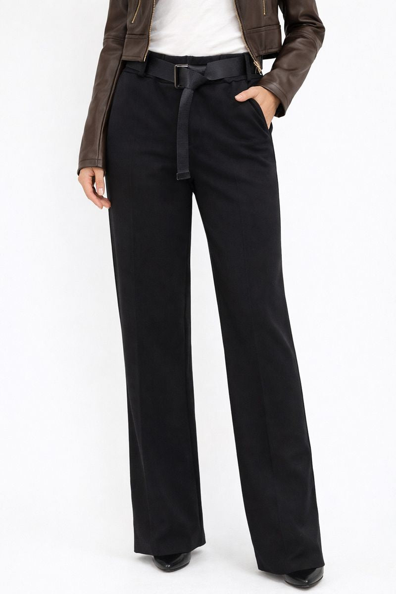 CALÇA RETA LCK FASHION RETA PRETO CINTO LONA FIVELA DUPLA PRATA BOLSO LATERAL