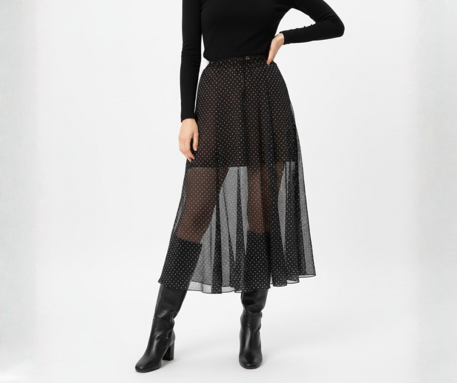 SAIA MIDI CAMILLE FRANCE CASTANHO ESCURO PADRÃO BOLAS BRANCAS SAIA CURTA COM ORGANZA LONGO TRANSPARENTE