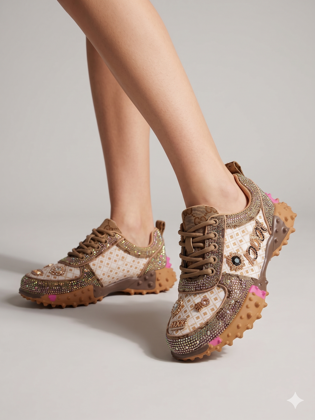 Sapatilhas Femininas Rockaway de Luxo Com Brilhantes e Strass Rock; Ténis Castanho Plataforma com Sola Tratorada de Espinhos; Calçado Casual Confortável Moda Streetwear Outono Inverno