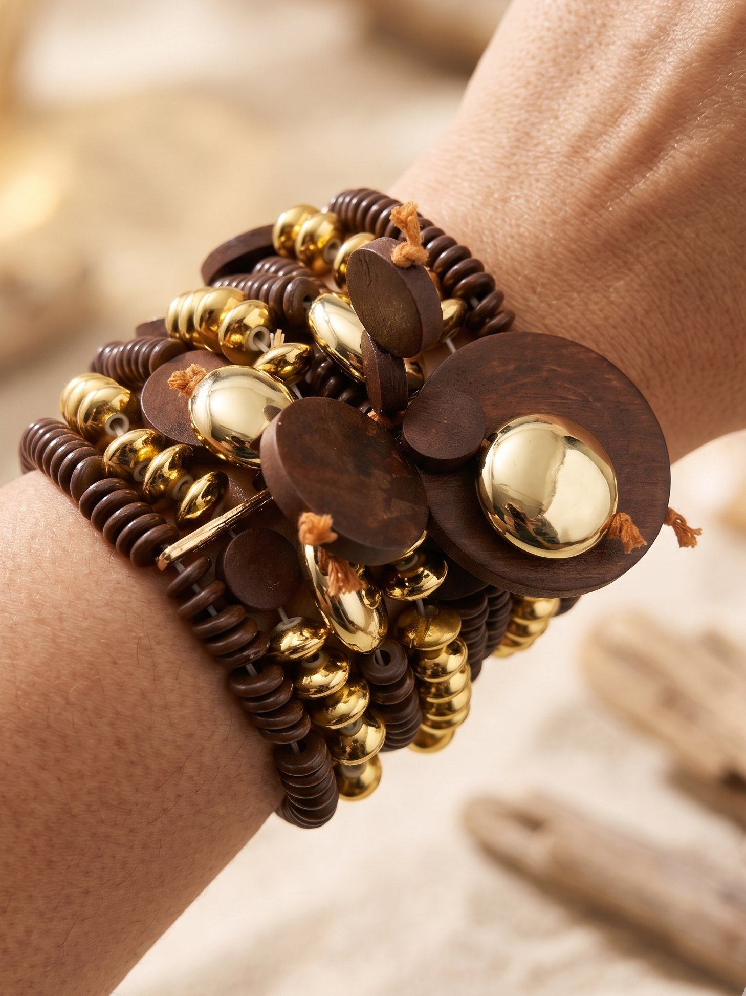Conjunto de Pulseiras Elásticas Femininas em Madeira e Contas Douradas, Pulseira Multicamada Estilo Boho e Étnico, Acessório de Moda Artesanal para Senhora.