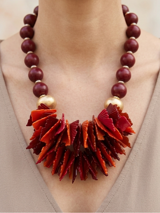 Colar Feminino de Contas Bordô e Dourado com Pendentes de Folhas em Tons de Vermelho e Laranja; Bijuteria Elegante de Design Exclusivo para Mulher; Acessório de Moda Sofisticado Casual