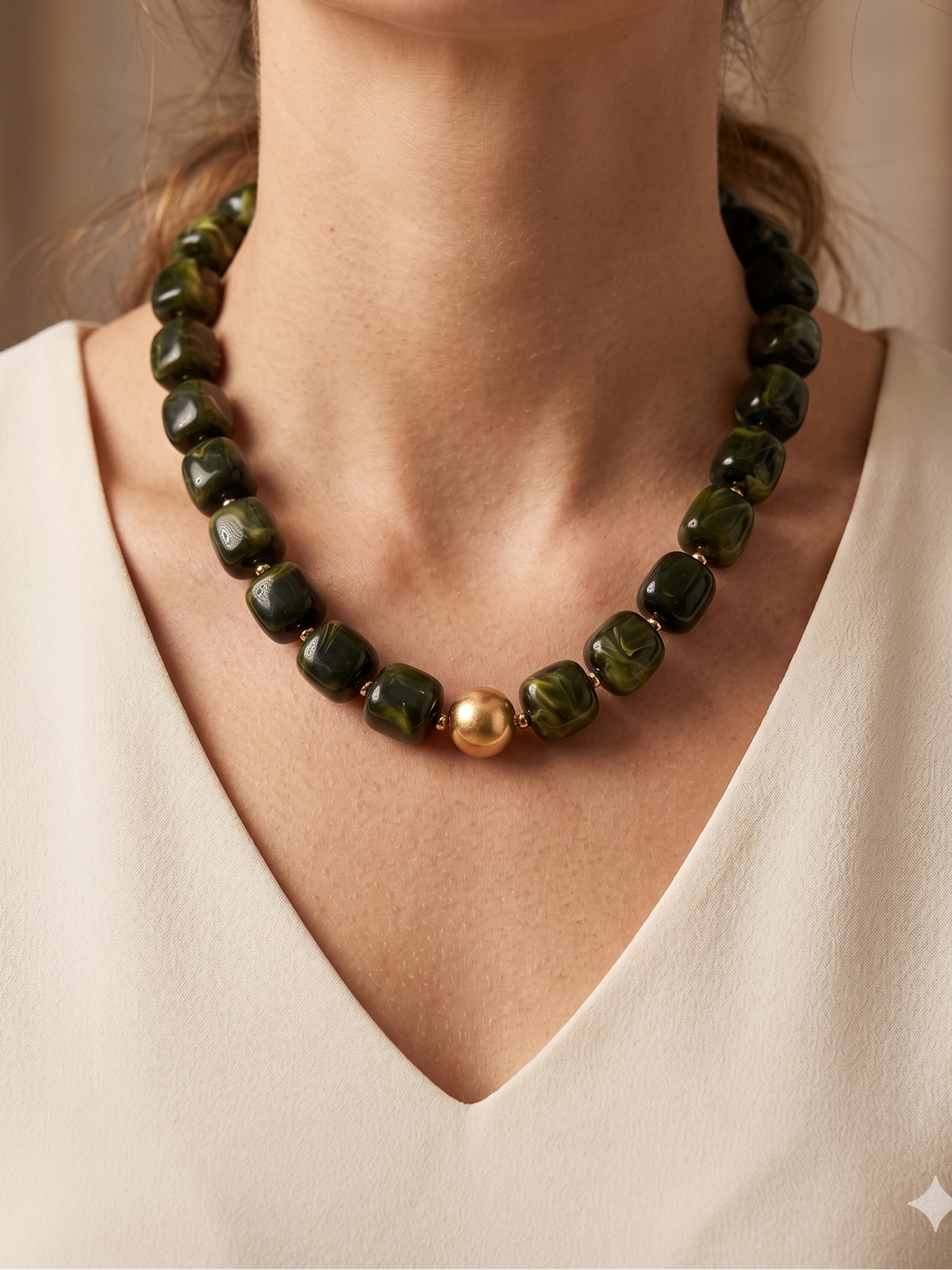 Colar Gargantilha de Contas de Resina Verde Musgo com Esfera Dourada Central, Colar Curto Feminino Ajustável, Acessório de Moda Elegante para Festa e Dia a Dia.